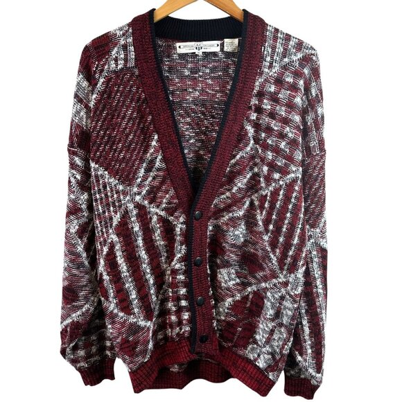 Vintage American Crusader Maroon Abstract Knit Cardigan Men’s XL Grunge Cobain - Picture 2 of 6
